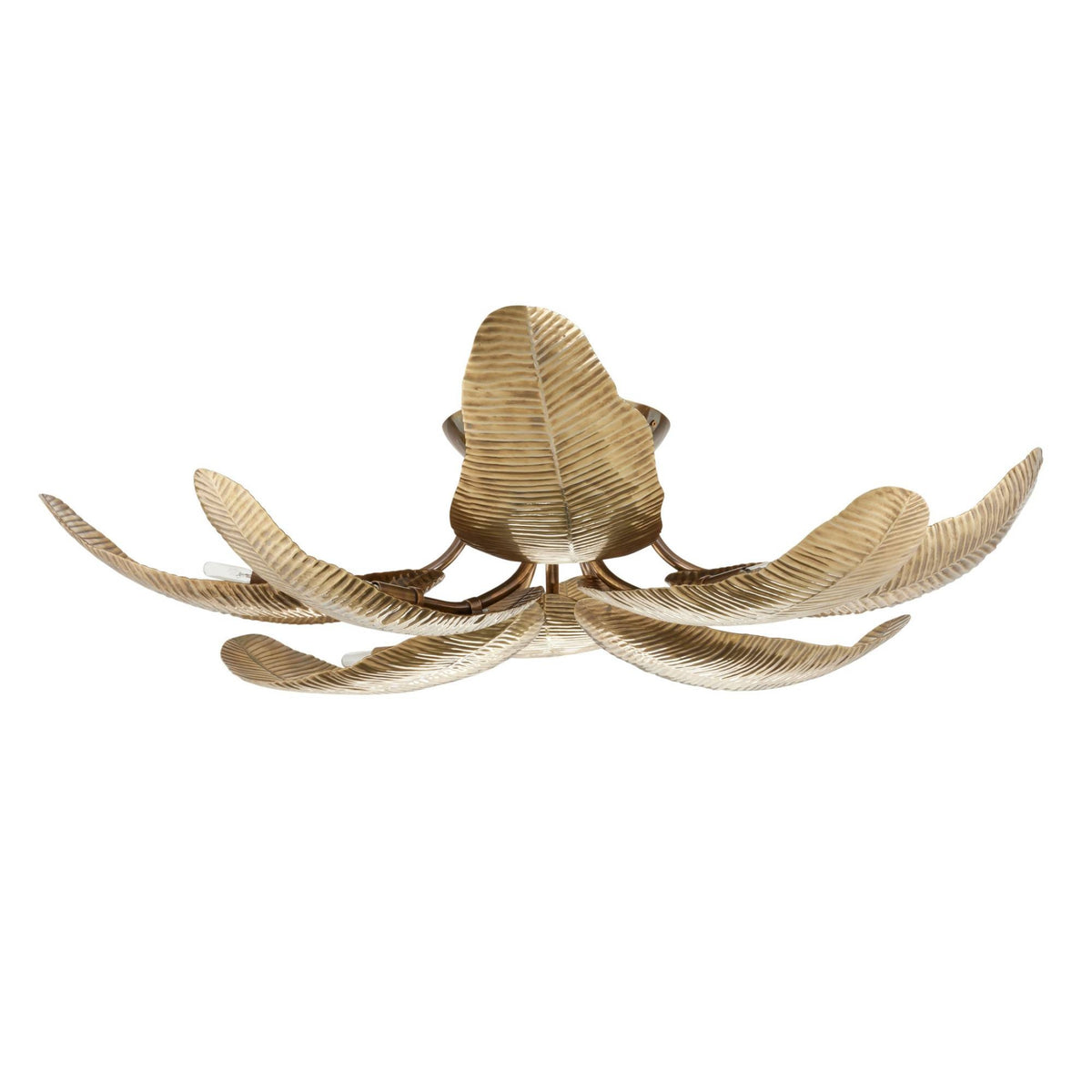 gold flush mount with leaf-like designs on a white background