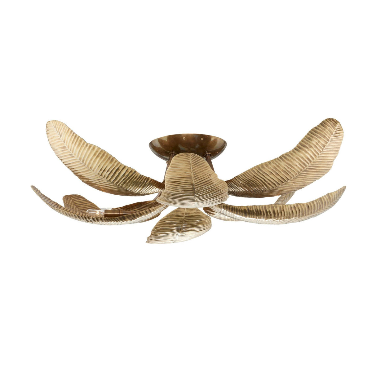 A modern ceiling light fixture with six curved, leaf-like shades in a textured metallic gold finish, arranged in a radial pattern around a central dome-shaped canopy.