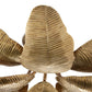 Close-up of a metallic leaf-shaped light fixture with a warm gold/brass finish and ribbed leaf textures on a white background.