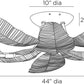 Black and white line drawing of a crab-shaped decorative object with dimension labels showing 12 inches height, 10 inches diameter at the top, 2 inches width at the top right, and 44 inches diameter overall.