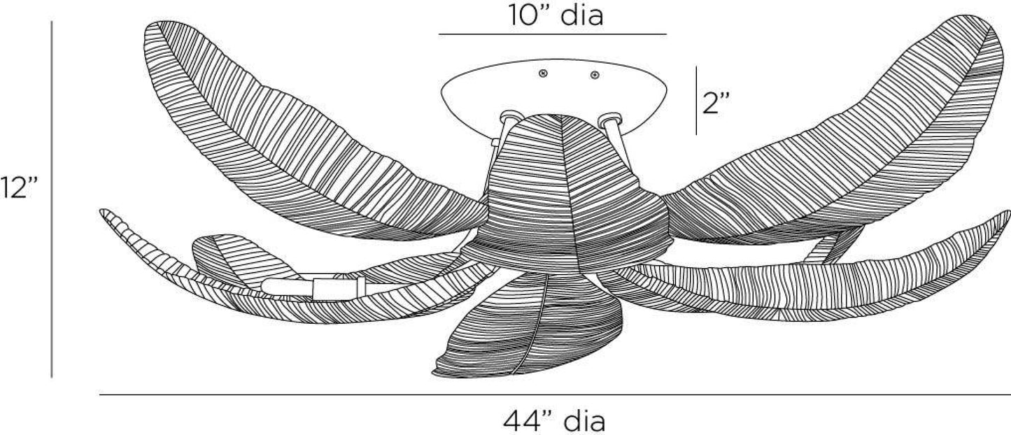 Black and white line drawing of a crab-shaped decorative object with dimension labels showing 12 inches height, 10 inches diameter at the top, 2 inches width at the top right, and 44 inches diameter overall.
