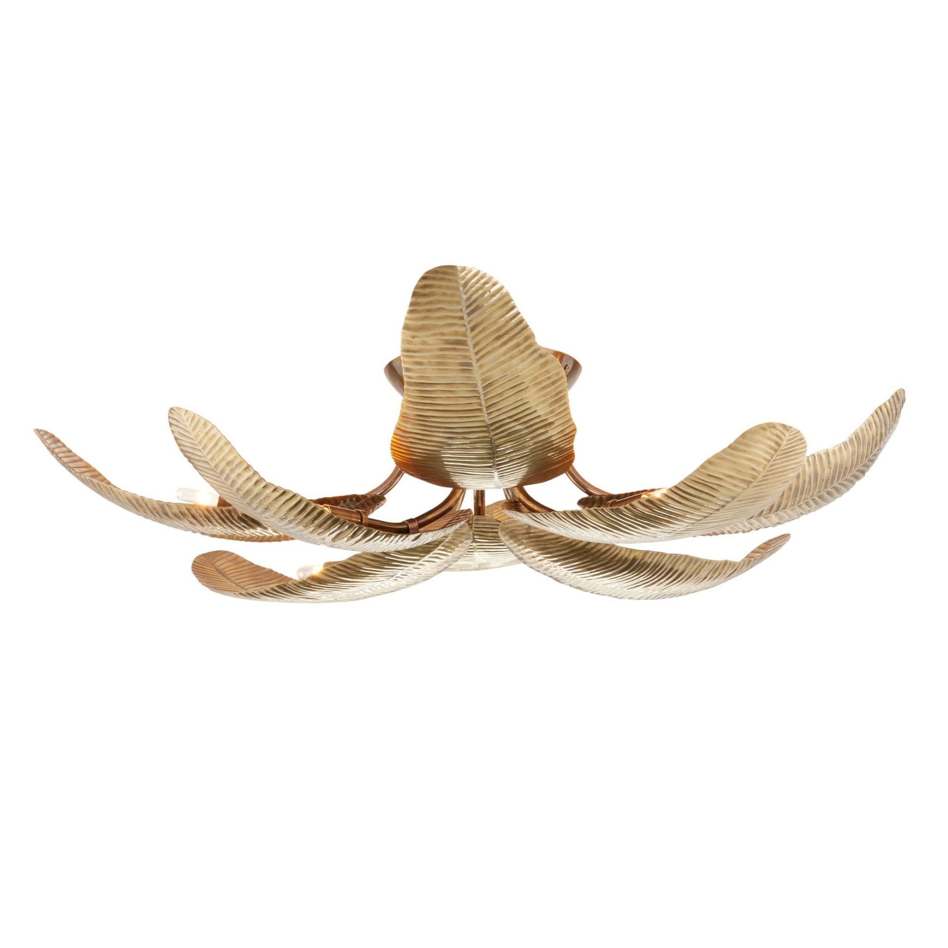 gold flush mount with leaf-like designs on a white background