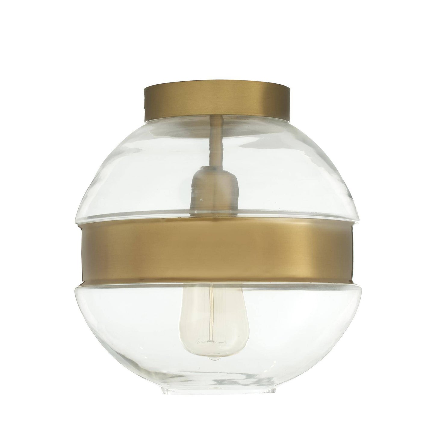 Ceiling light fixture with clear glass shade and gold metal accents on a white background