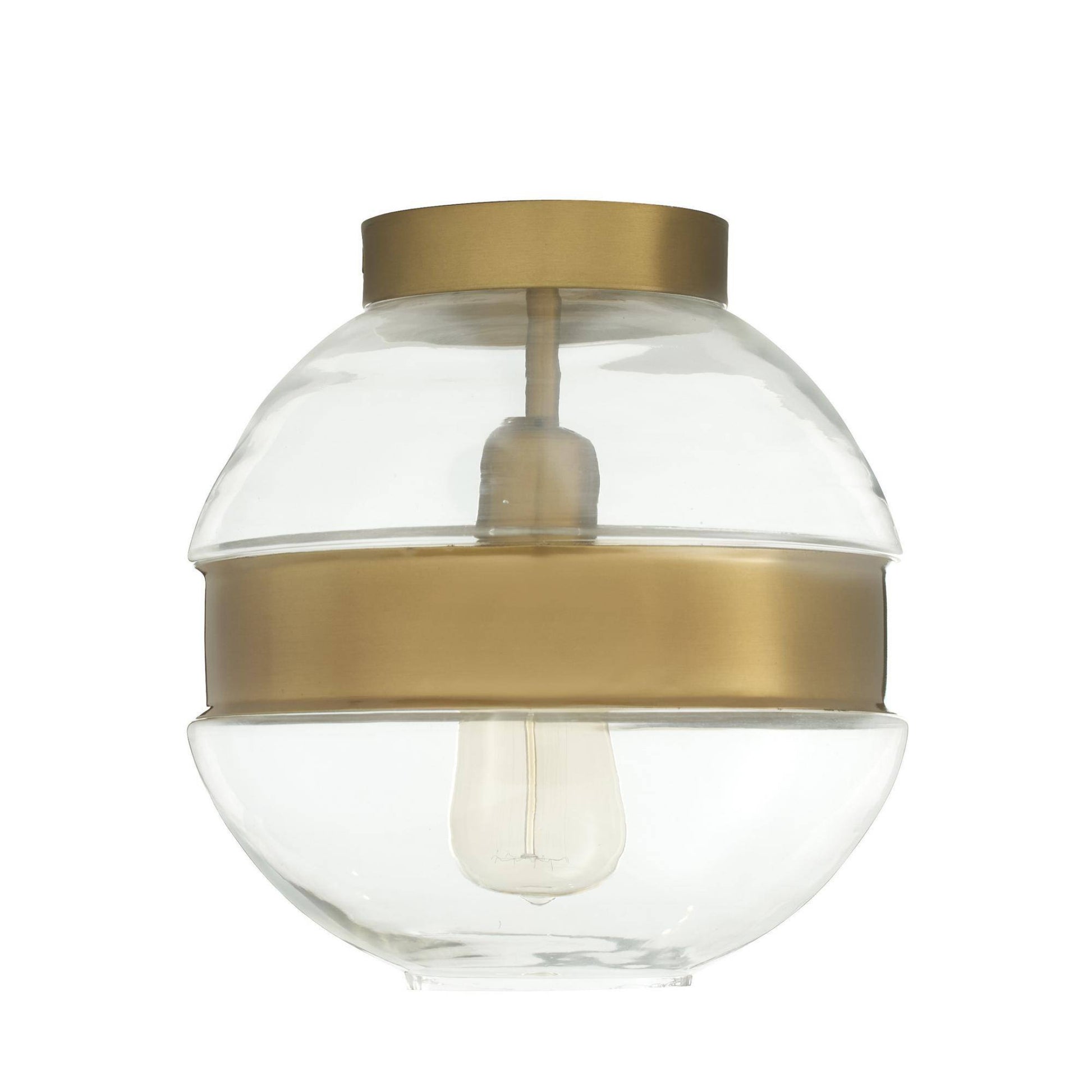 Ceiling light fixture with clear glass shade and gold metal accents on a white background