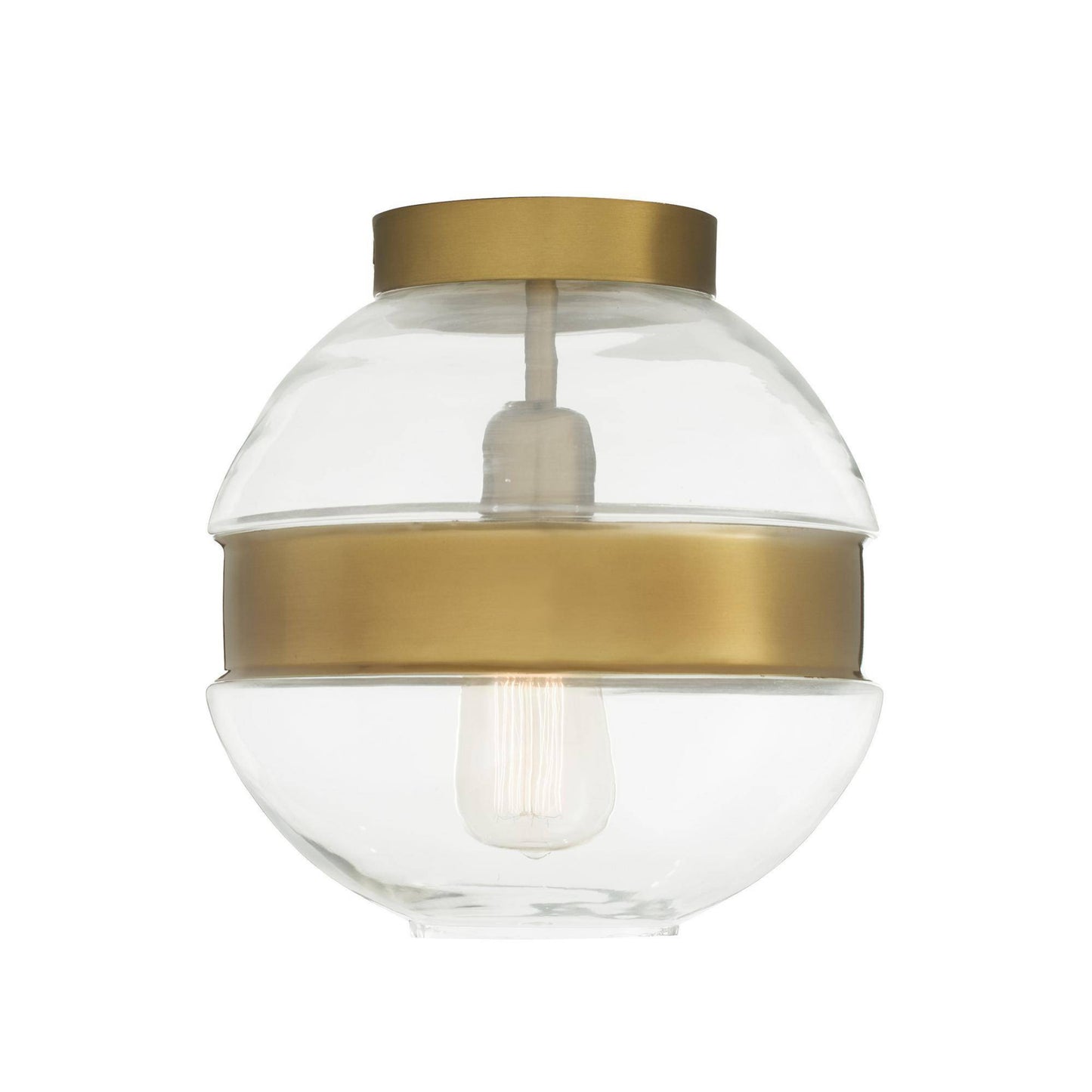 A modern spherical pendant light fixture with a clear glass globe shade and brushed brass metal bands, featuring a visible filament light bulb inside.