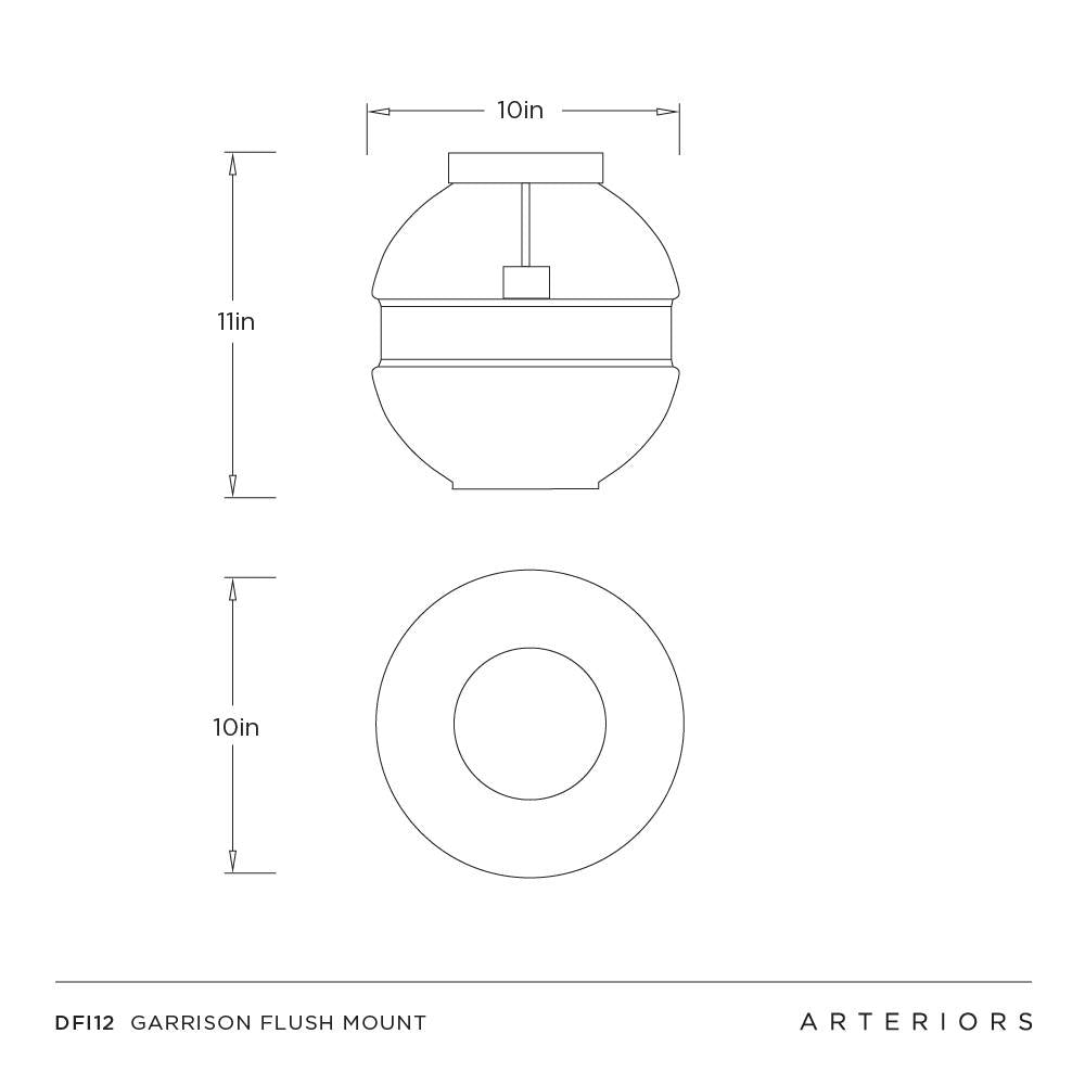 Technical drawing of a flush mount light fixture with dimensions labeled, featuring the brand 'Arteriors'.