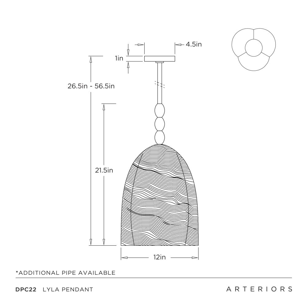 Technical drawing of a pendant light with dimensions and Arteriors branding