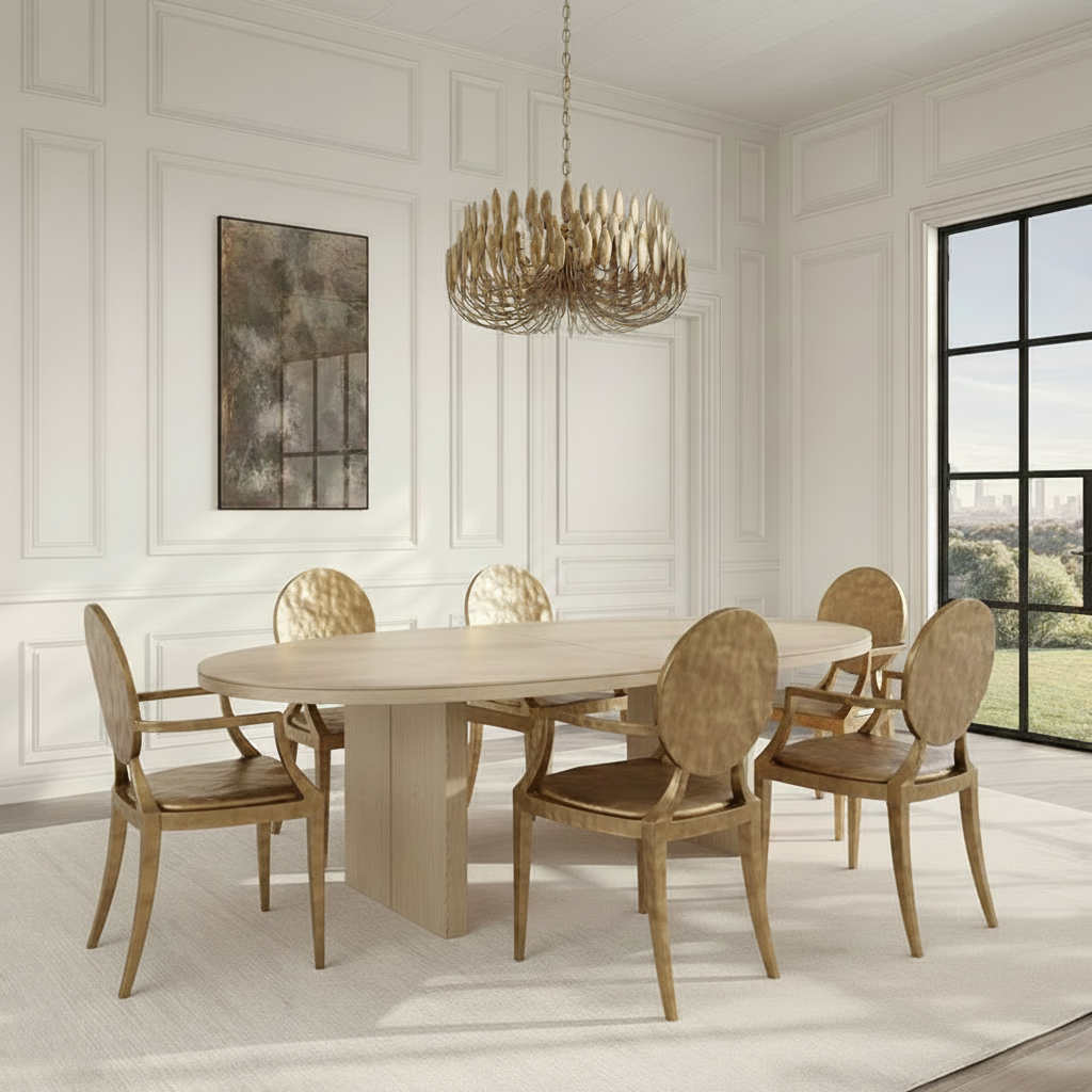 An elegant dining room set featuring a round light wood dining table surrounded by six matching wooden chairs with textured oval backs, styled under a gold chandelier in a white paneled room.
