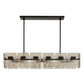 A modern 5-light linear chandelier with distressed white wood-look rectangular shades and a matte black ceiling canopy, suspension rods, and horizontal bar details, shown against a plain white background.