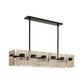 Modern chandelier with rectangular design and wooden texture on a white background