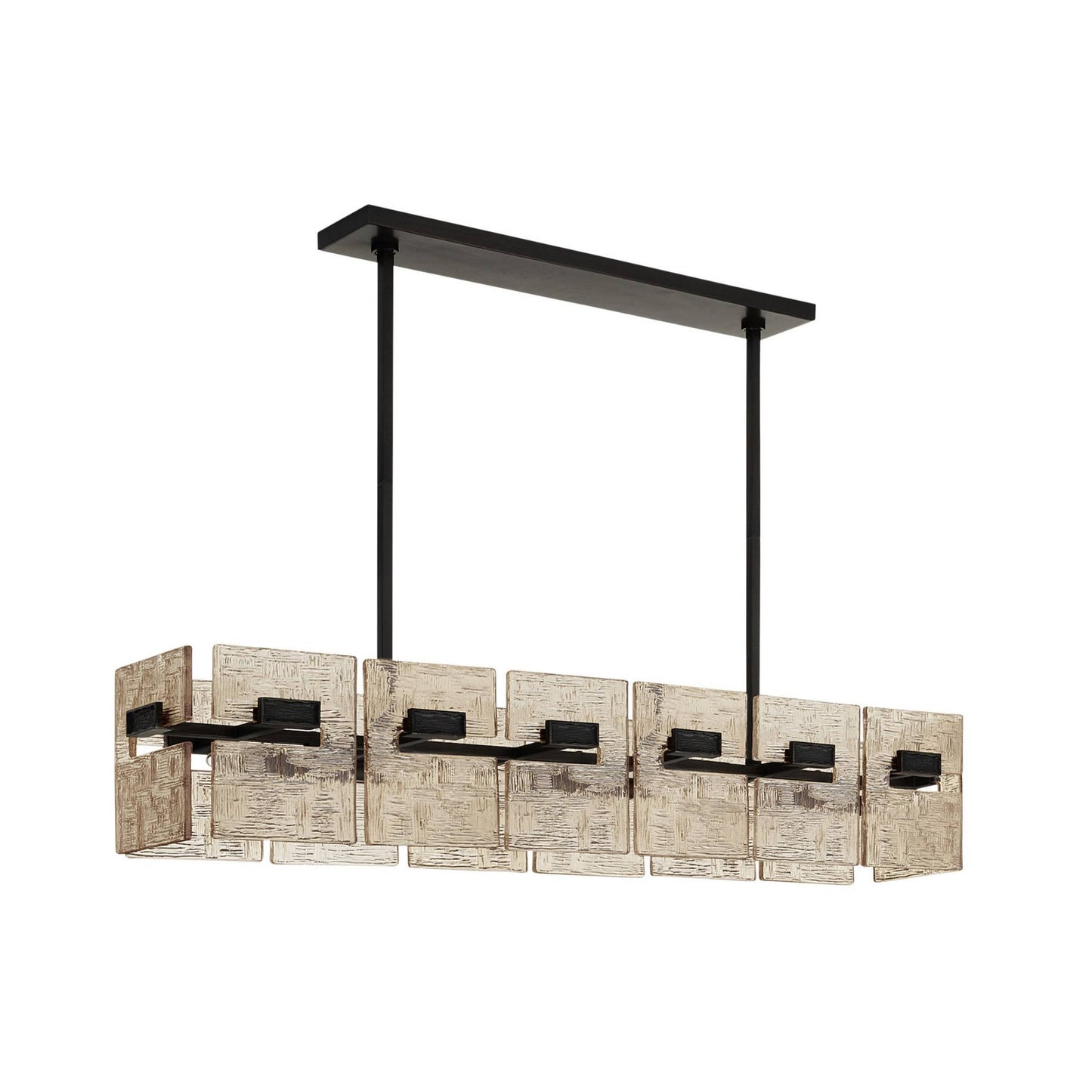 Modern chandelier with rectangular design and wooden texture on a white background