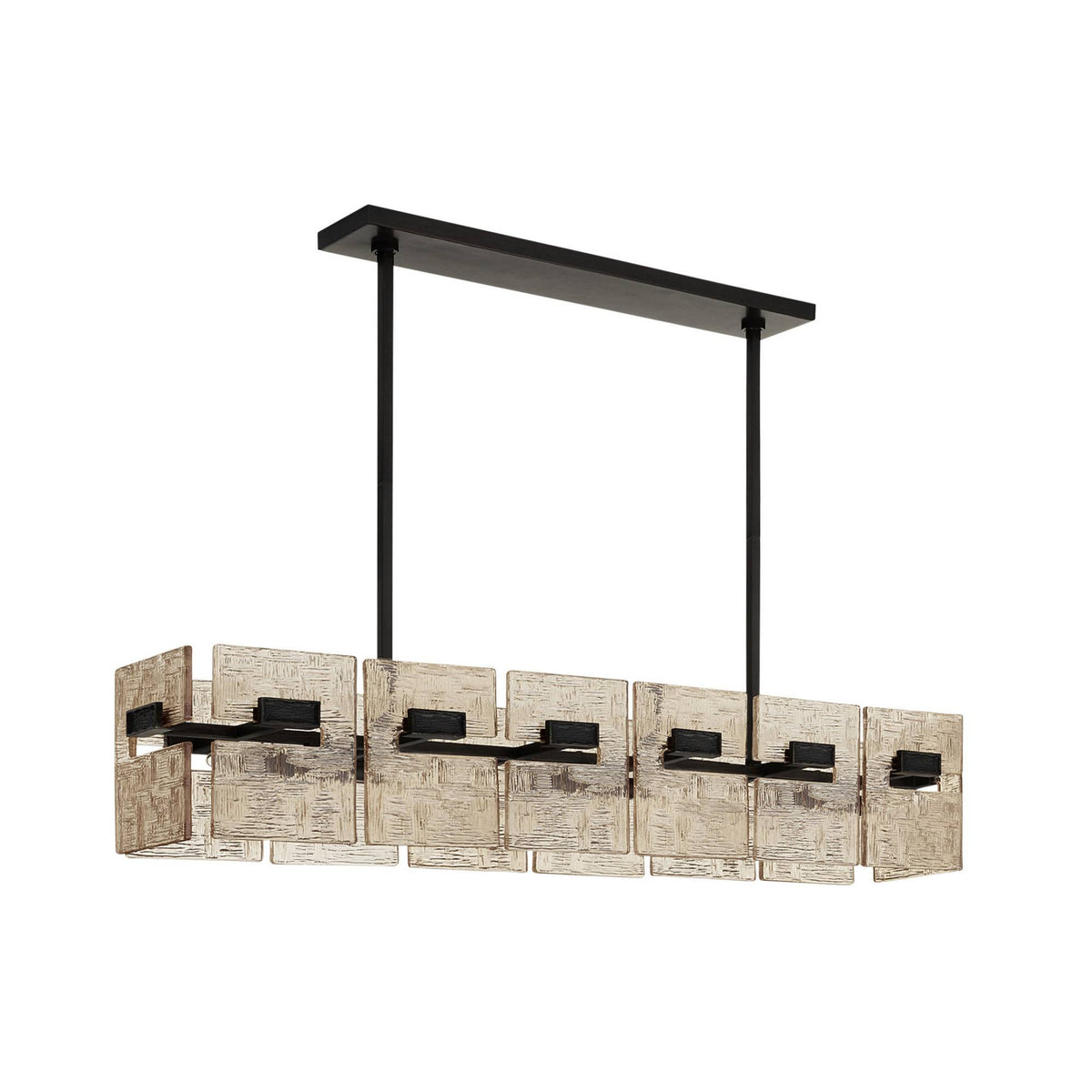 Modern chandelier with rectangular design and wooden texture on a white background