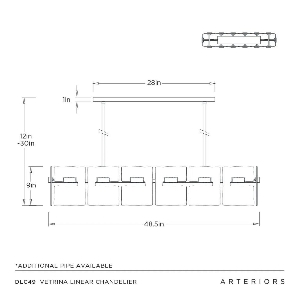 Technical drawing of a Vetrina Linear Chandelier with dimensions and Arteriors branding.