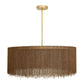 Pendant light with brown fringed shade and gold fixture on a white background