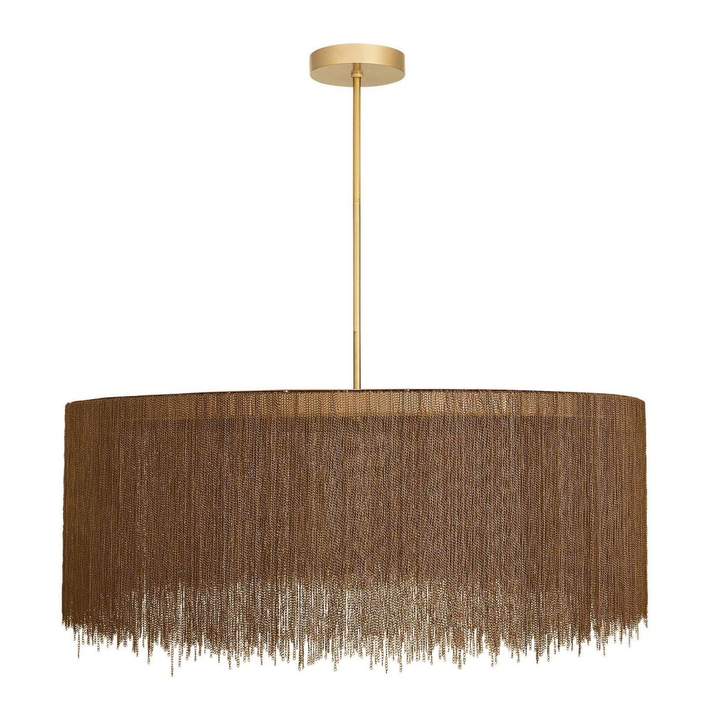 Pendant light with brown fringed shade and gold fixture on a white background