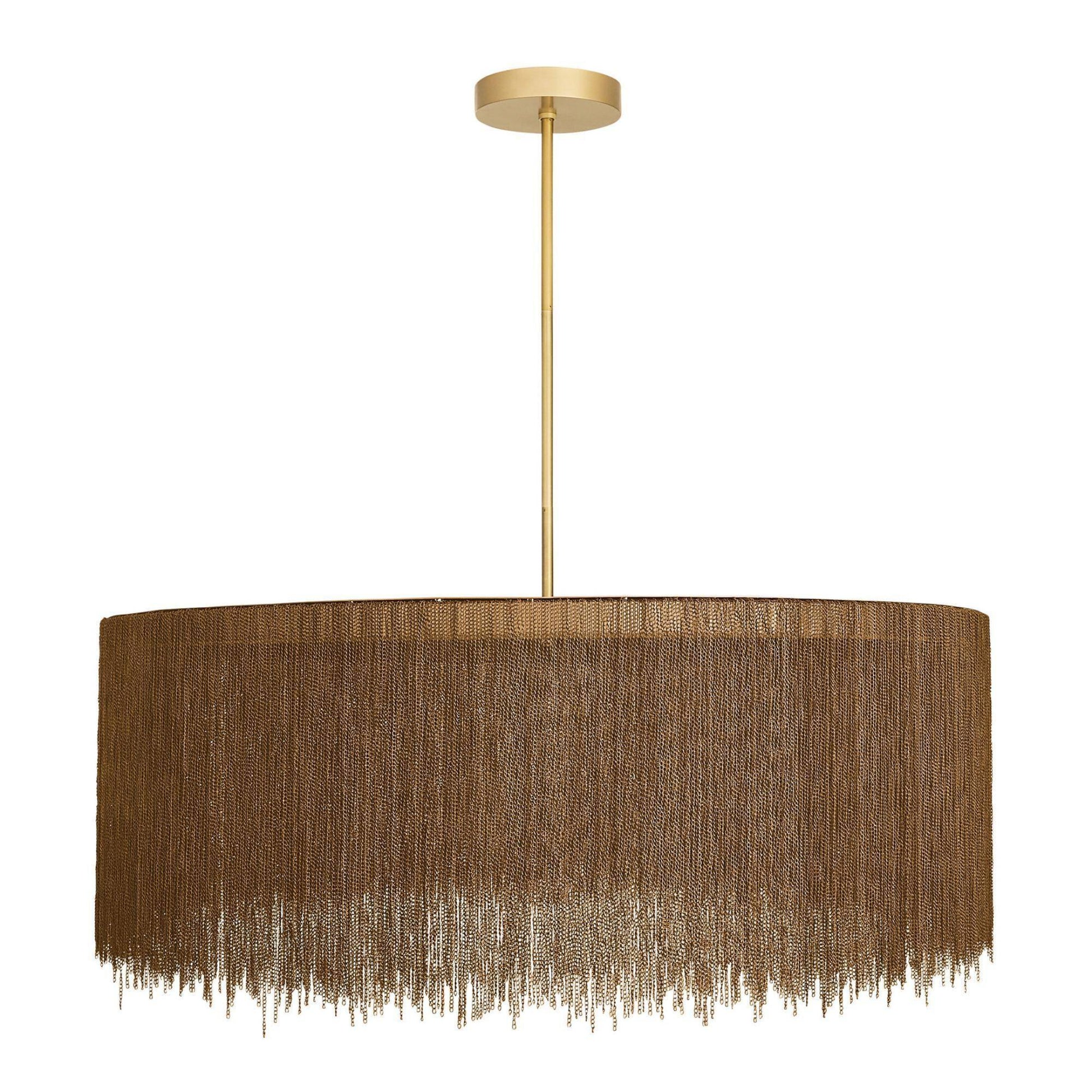 Pendant light with brown fringed shade and gold fixture on a white background