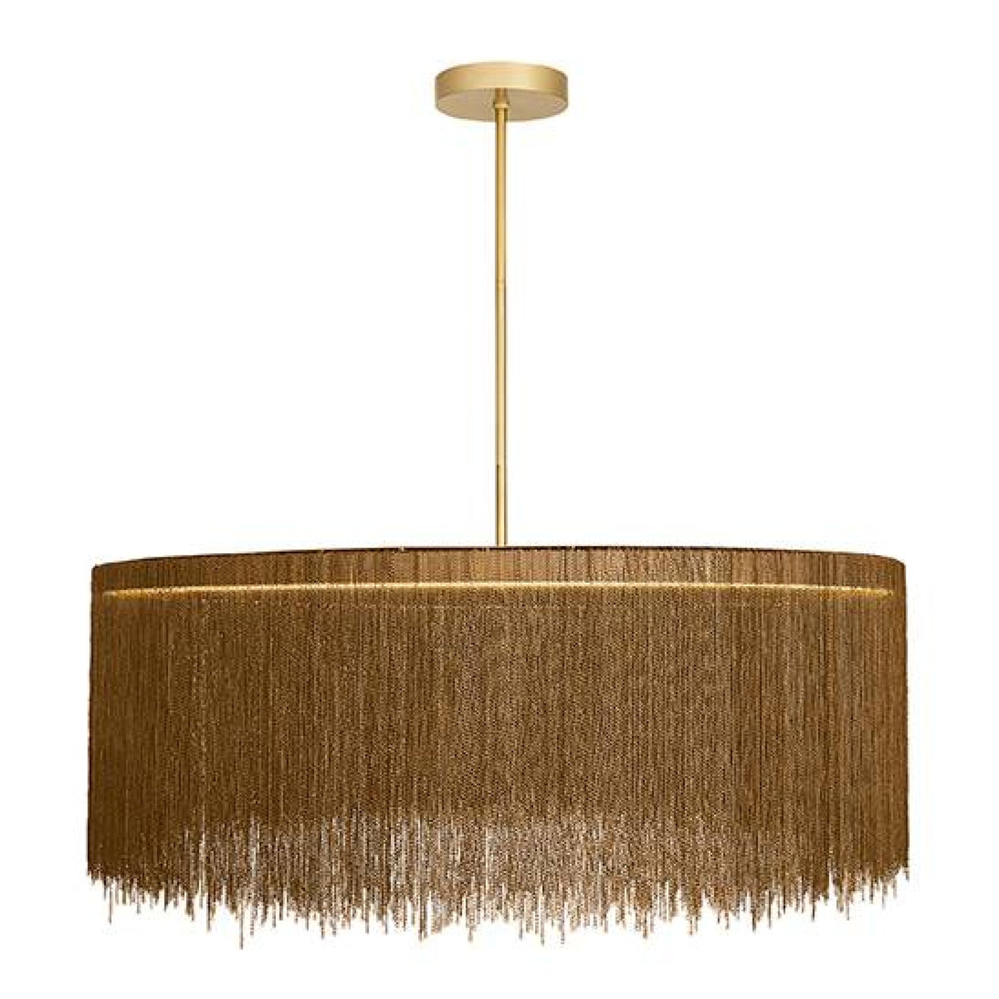 Gold pendant lamp with fringe design on a white background