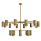 A modern multi-light chandelier with a brushed gold metal frame, cylindrical textured shades, and round white glass globe bulbs, shown against a plain white background.