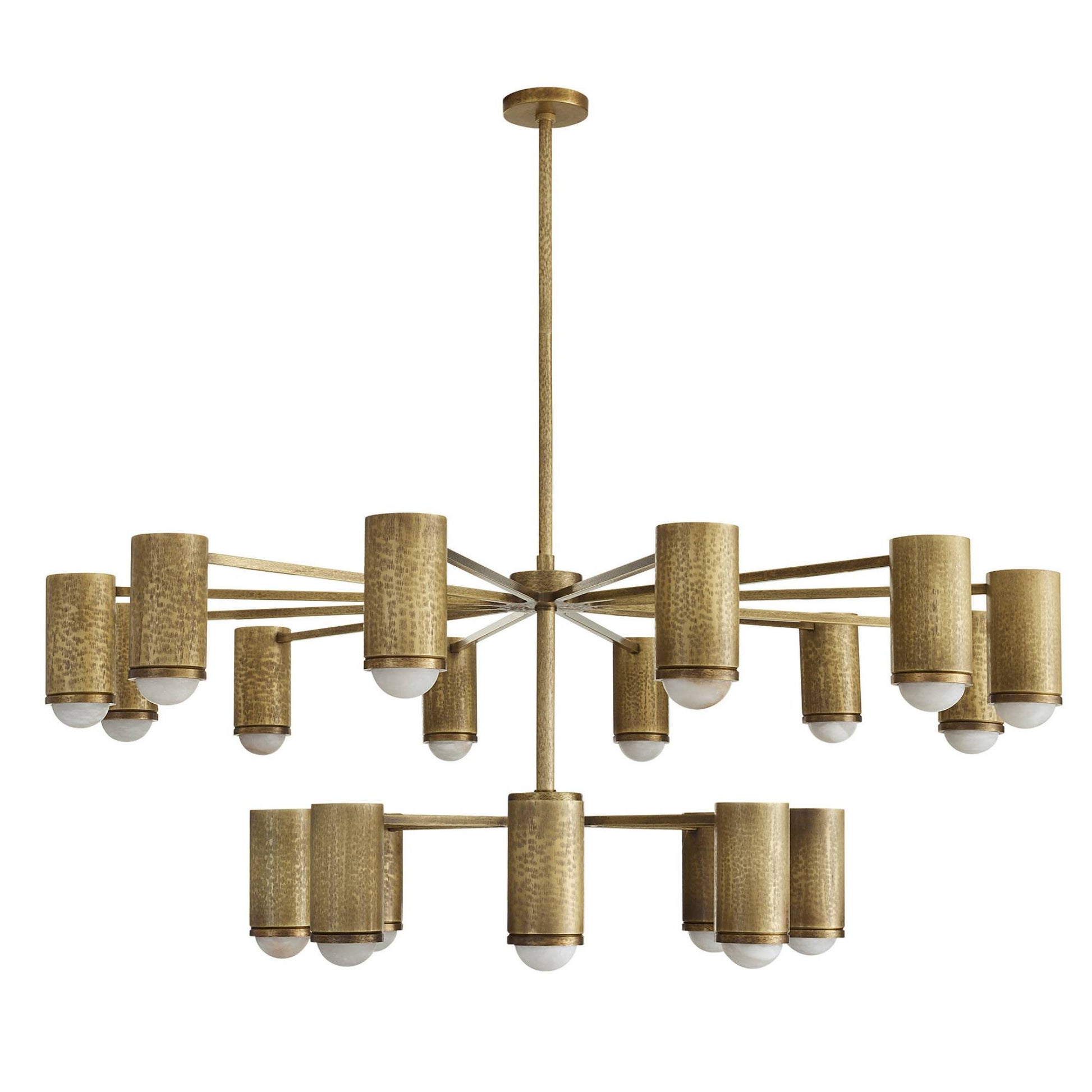 A modern multi-light chandelier with a brushed gold metal frame, cylindrical textured shades, and round white glass globe bulbs, shown against a plain white background.