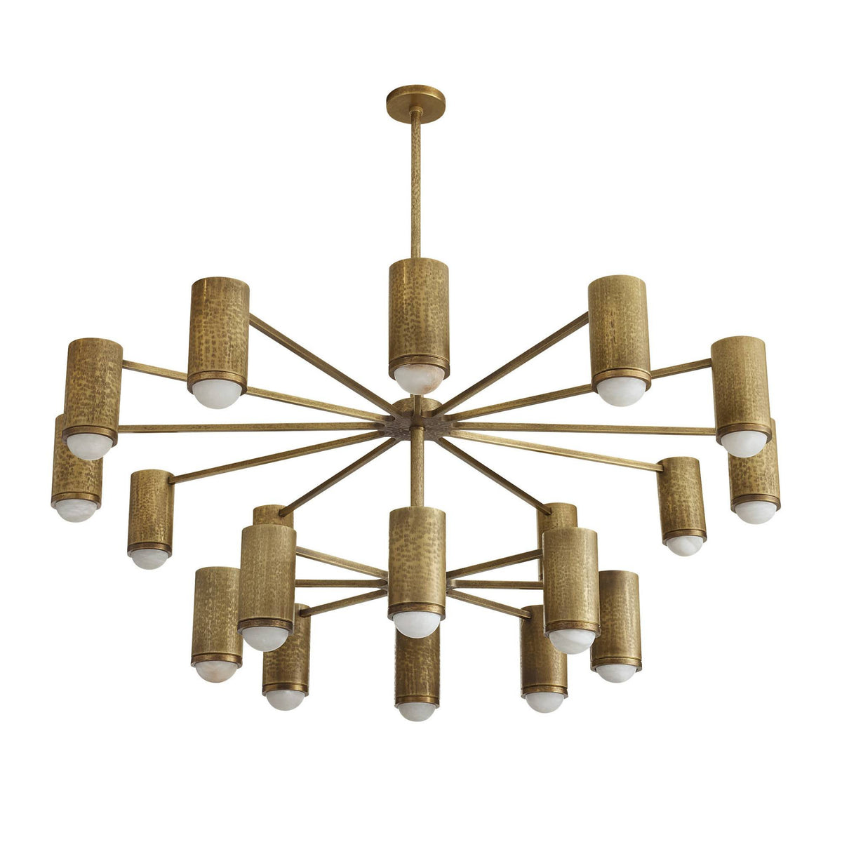 Gold chandelier with multiple cylindrical lampshades on a white background