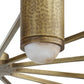 Close-up of a brass ceiling light fixture with a white bulb on a white background