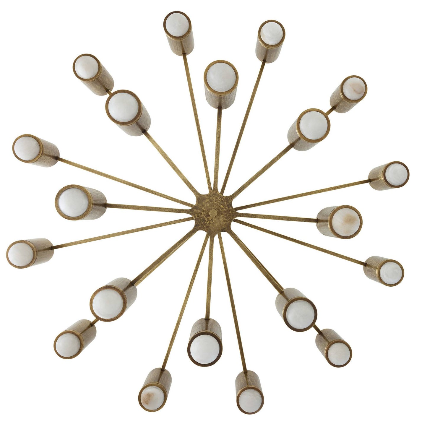 A radial chandelier with a central gold-toned metal hub and twelve thin spokes extending outward to cylindrical shades with white centers and gold outer rims, shown on a plain white background.