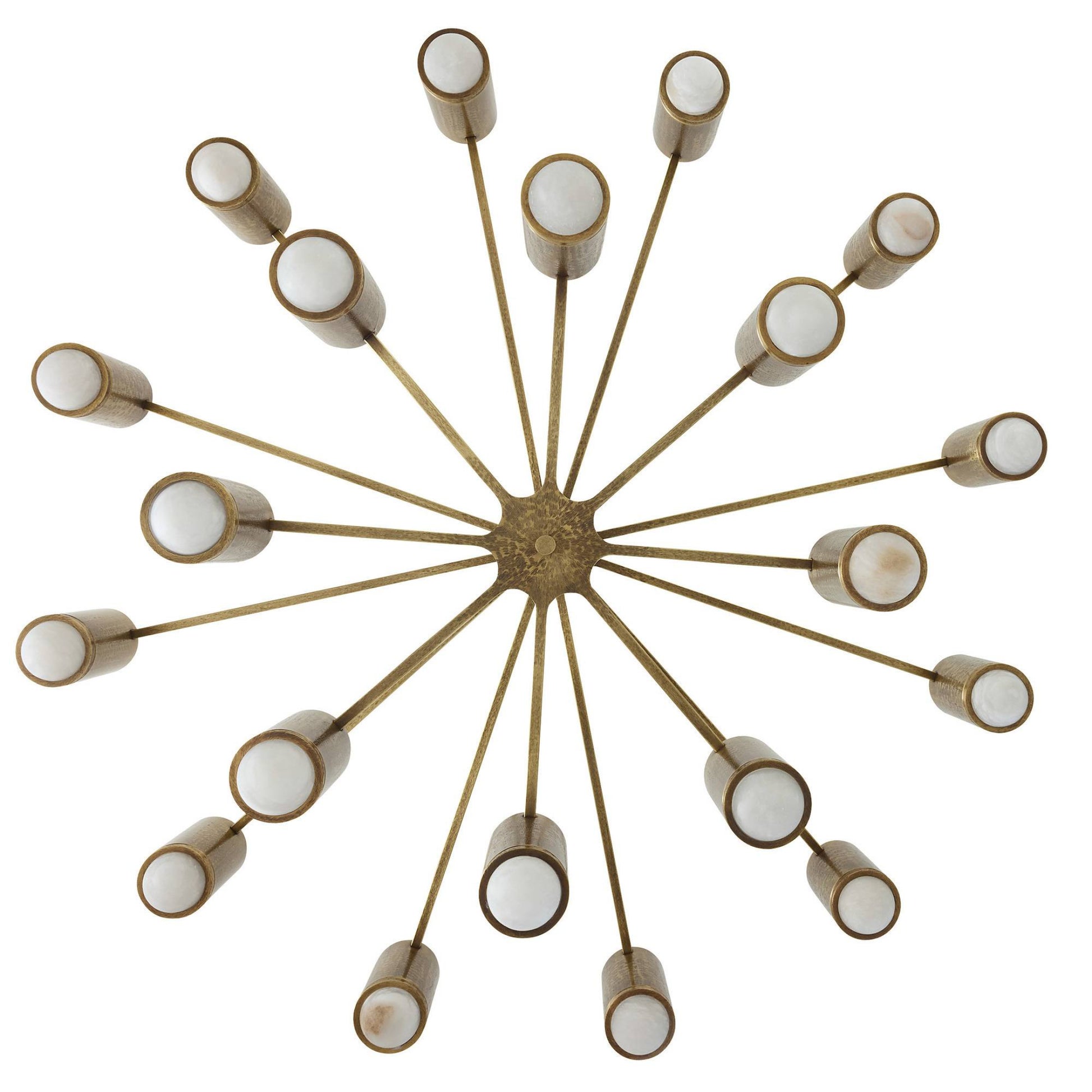 A radial chandelier with a central gold-toned metal hub and twelve thin spokes extending outward to cylindrical shades with white centers and gold outer rims, shown on a plain white background.