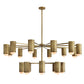 A modern multi-light chandelier with a brushed brass finish and textured cylindrical shades, shown against a solid white background.