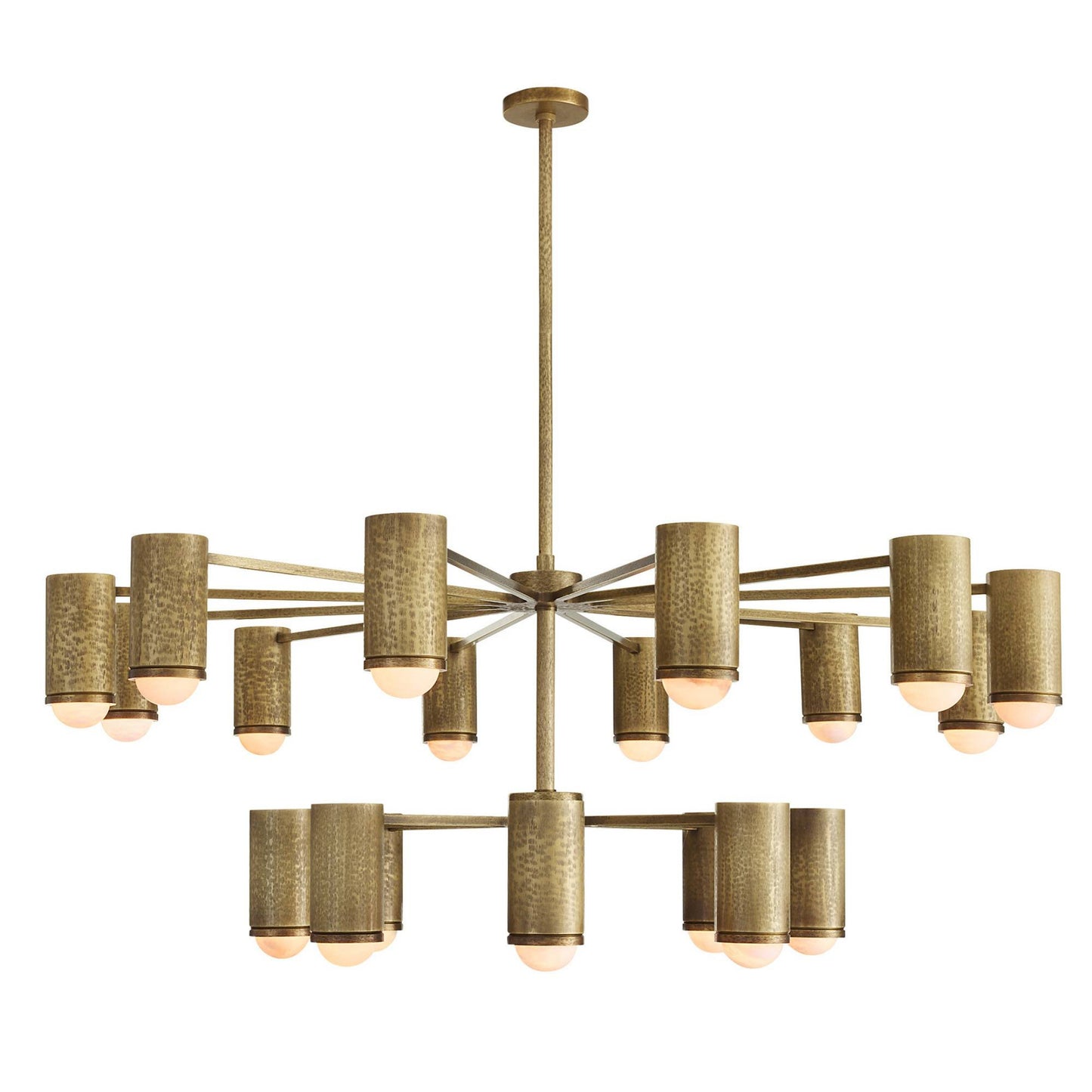A modern multi-light chandelier with a brushed brass finish and textured cylindrical shades, shown against a solid white background.