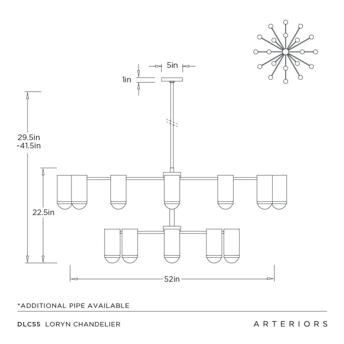 Technical line drawing of a chandelier with dimensions, including a 52-inch width, 22.5-inch vertical spacing, 29.