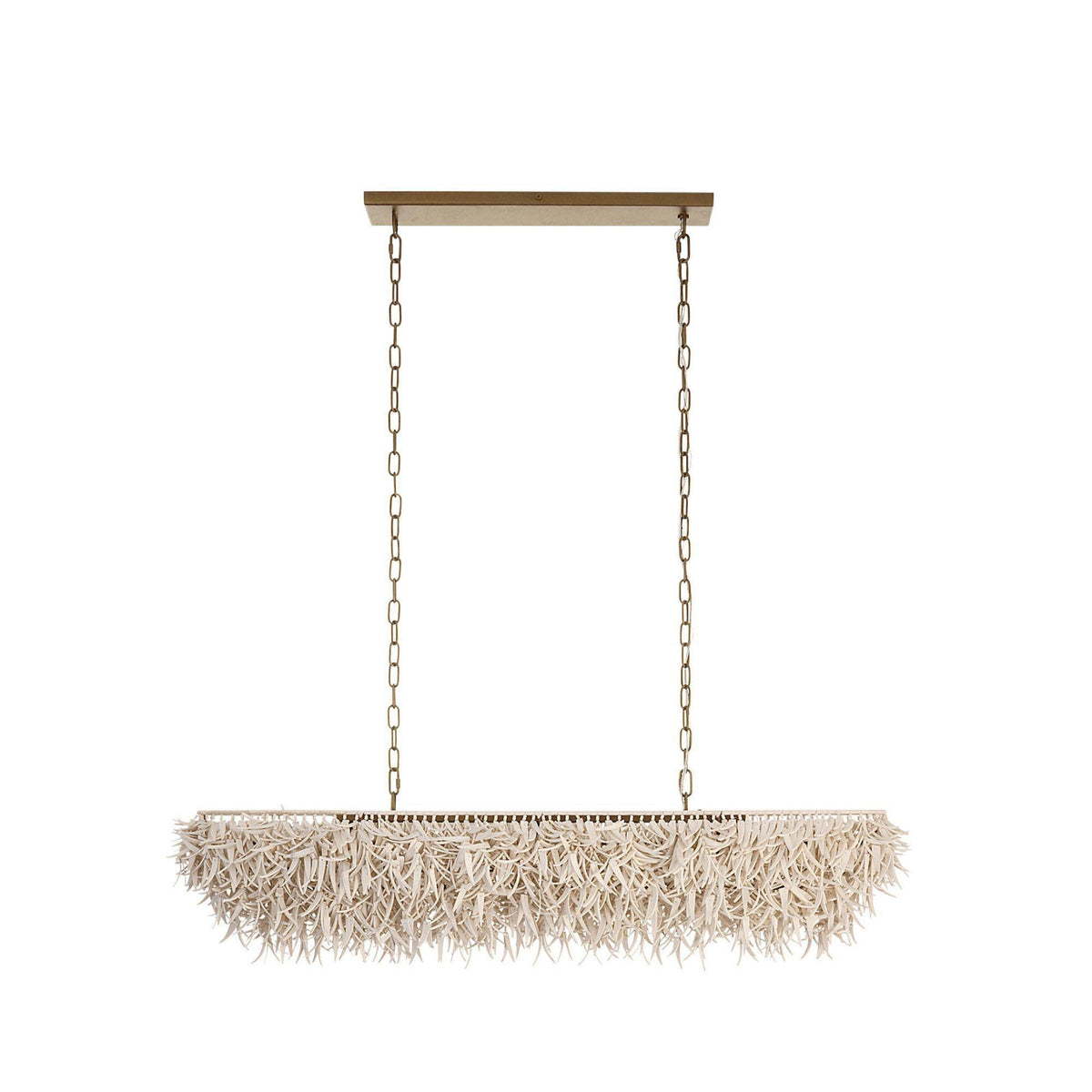 Decorative hanging light fixture with chain and natural fiber design on a white background