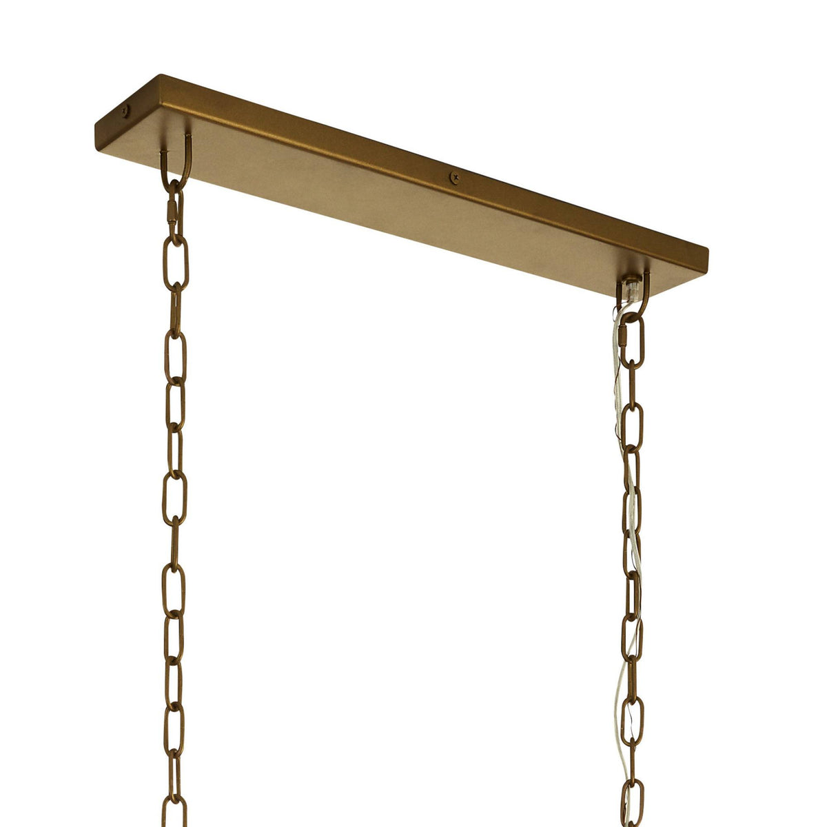 Gold pendant light fixture with chain on a white background