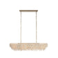 A modern rectangular chandelier with a textured, frayed off-white shade and a brushed brass or gold-toned metal canopy and chains, shown against a solid white background.