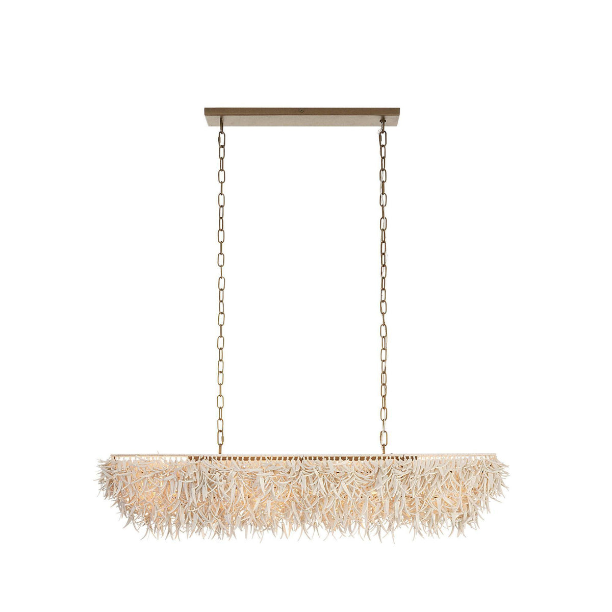A modern rectangular chandelier with a textured, frayed off-white shade and a brushed brass or gold-toned metal canopy and chains, shown against a solid white background.