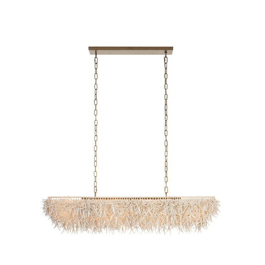 A modern rectangular chandelier with a textured, frayed off-white shade and a brushed brass or gold-toned metal canopy and chains, shown against a solid white background.