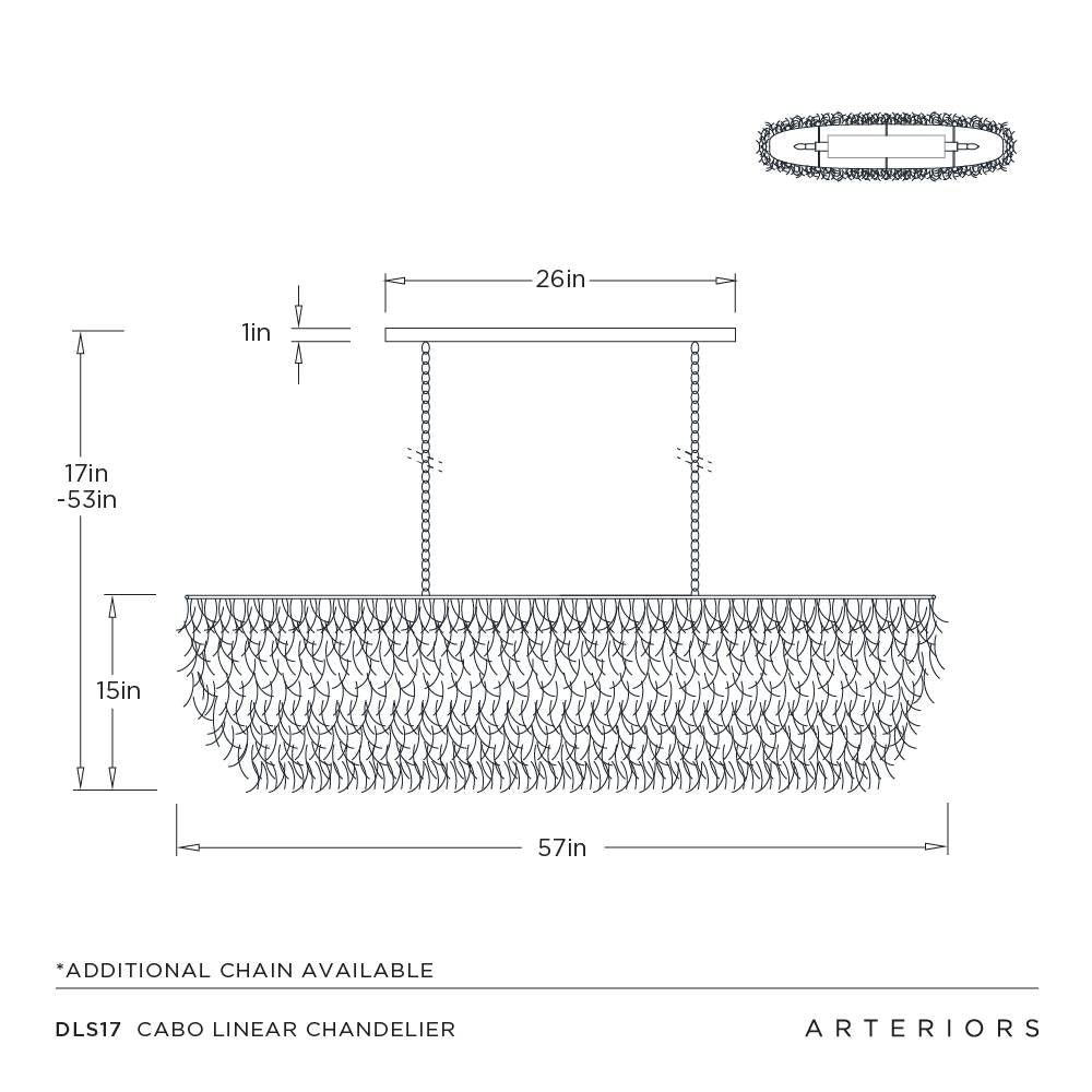 Measurement chart for Cabo Linear Chandelier with dimensions and Arteriors branding.