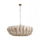 A modern pendant chandelier featuring a wide, shallow bowl-shaped shade made of overlapping circular shell-like pieces in an off-white finish, suspended by a brass-toned chain from a matching ceiling canopy, shown against a plain white background.