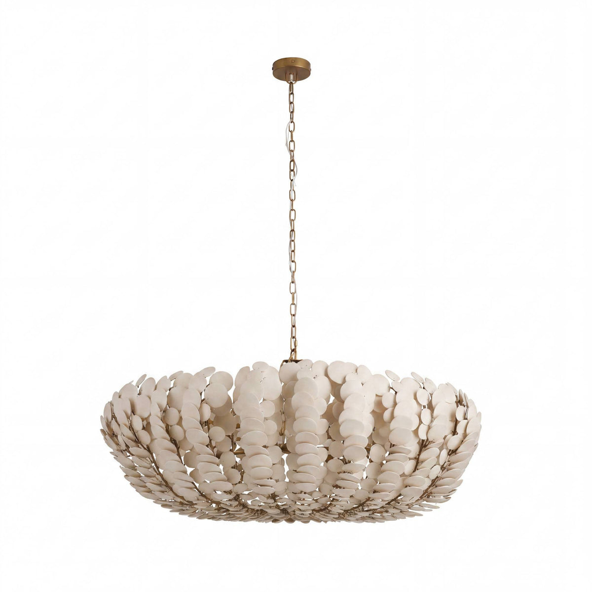 A modern pendant chandelier featuring a wide, shallow bowl-shaped shade made of overlapping circular shell-like pieces in an off-white finish, suspended by a brass-toned chain from a matching ceiling canopy, shown against a plain white background.