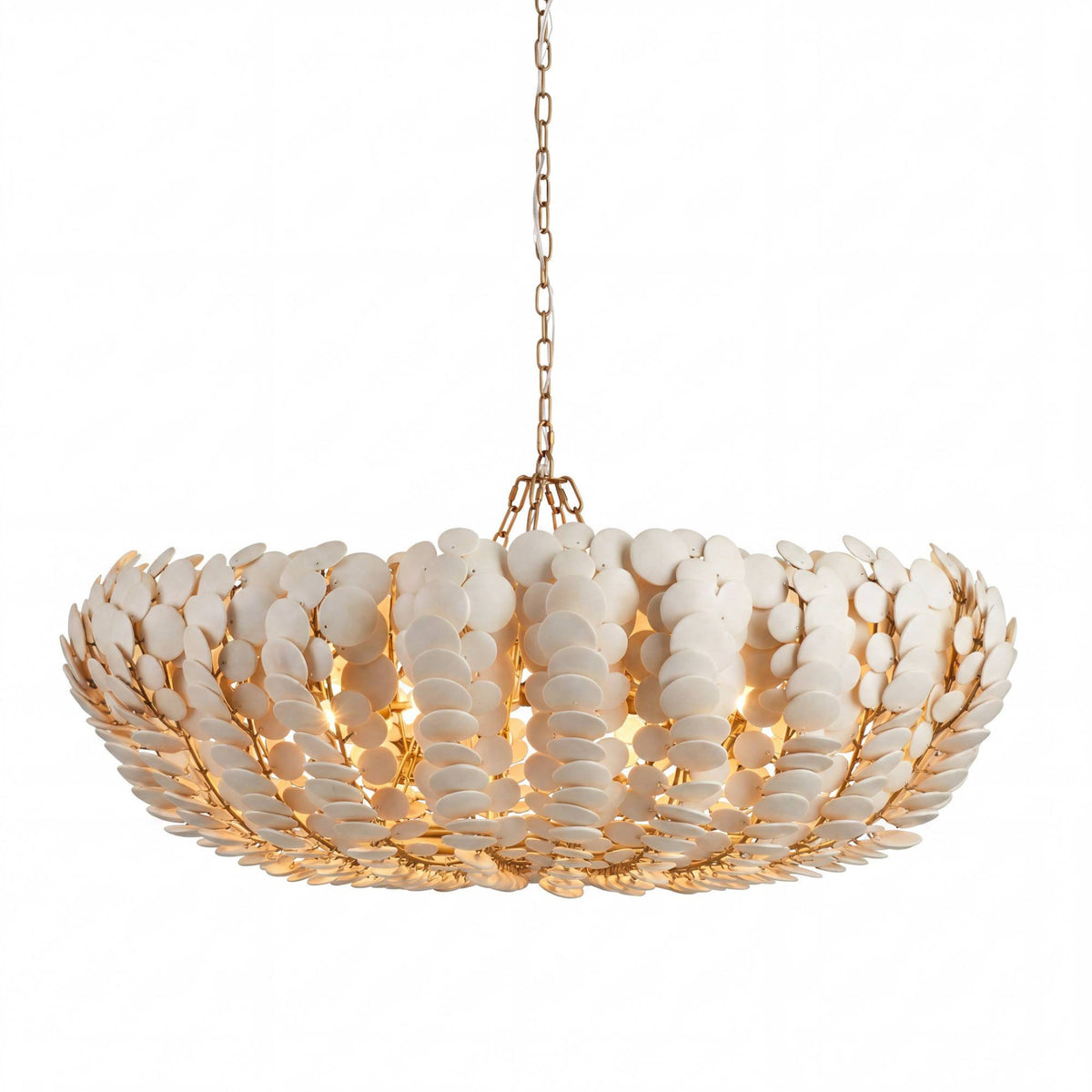 A modern pendant chandelier featuring a wide, shallow bowl shape made of overlapping white disc elements mounted on a gold-toned metal frame, suspended by a gold chain against a plain white background.