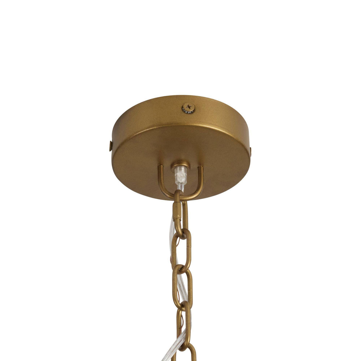 Gold ceiling light fixture with chain on a white background