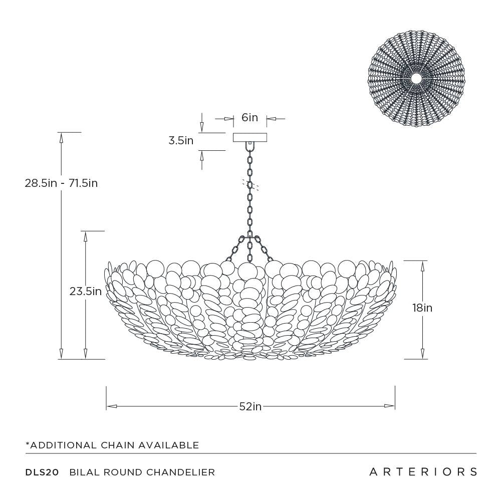Technical drawing of a chandelier with dimensions and Arteriors branding