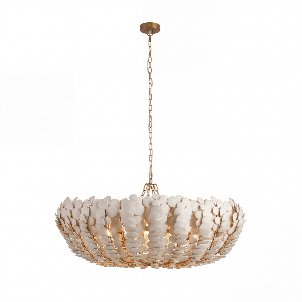 A modern multi-light chandelier featuring a bowl-shaped shade made of overlapping white disc petals with a gold-toned metal frame, hanging from a gold canopy and chain against a white background.