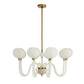 Chandelier with white glass shades and gold accents on a white background