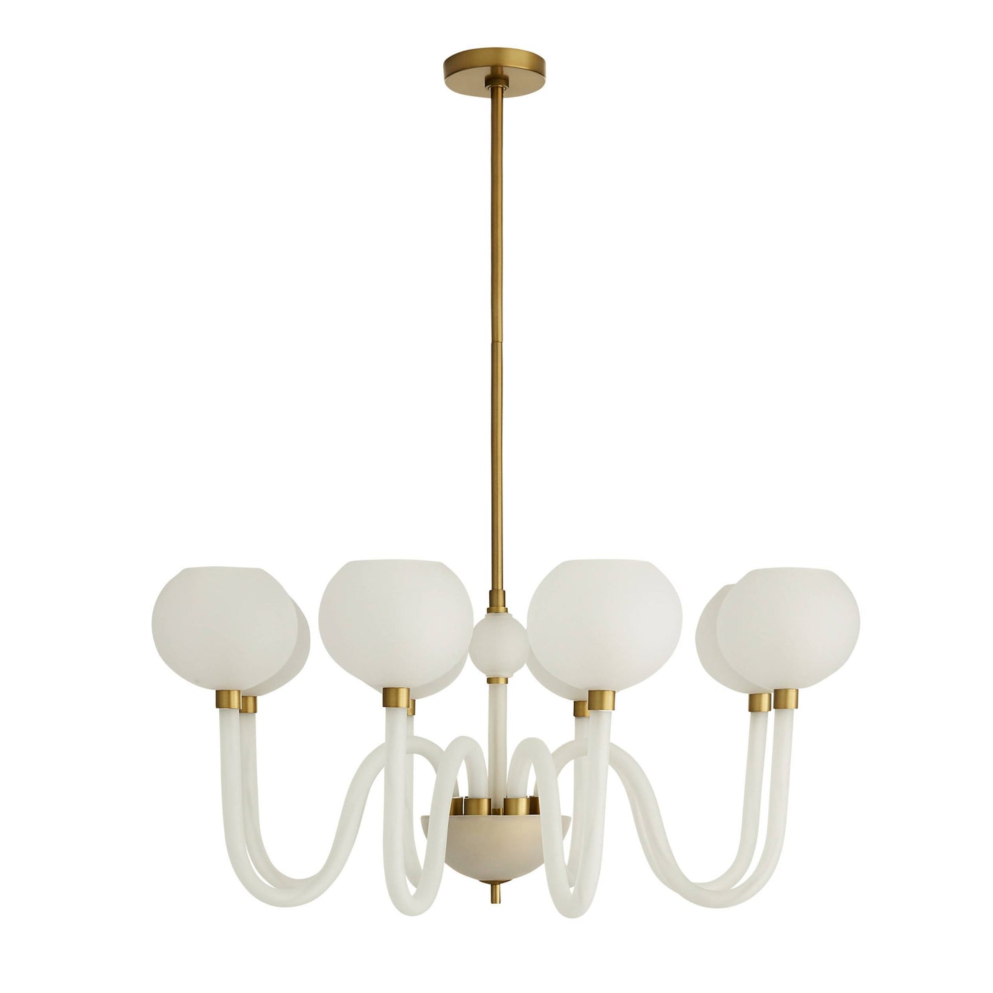 Chandelier with white glass shades and gold accents on a white background