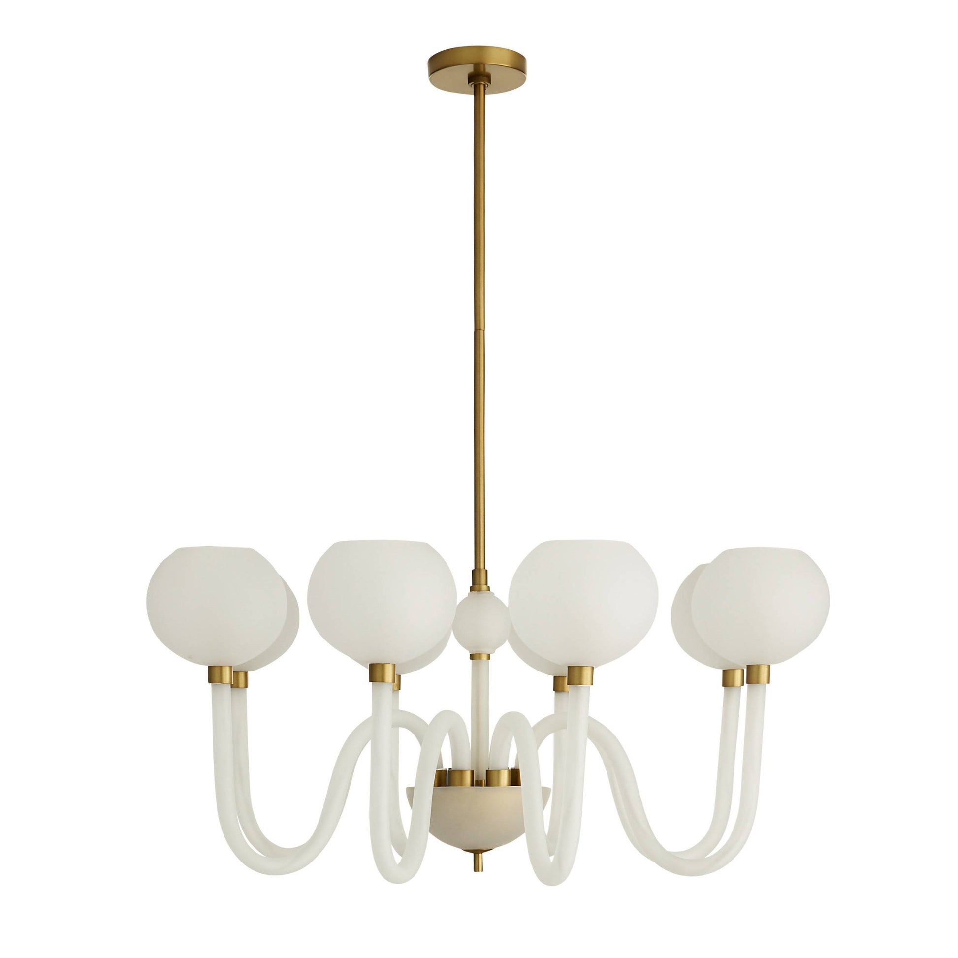 Chandelier with white glass shades and gold accents on a white background