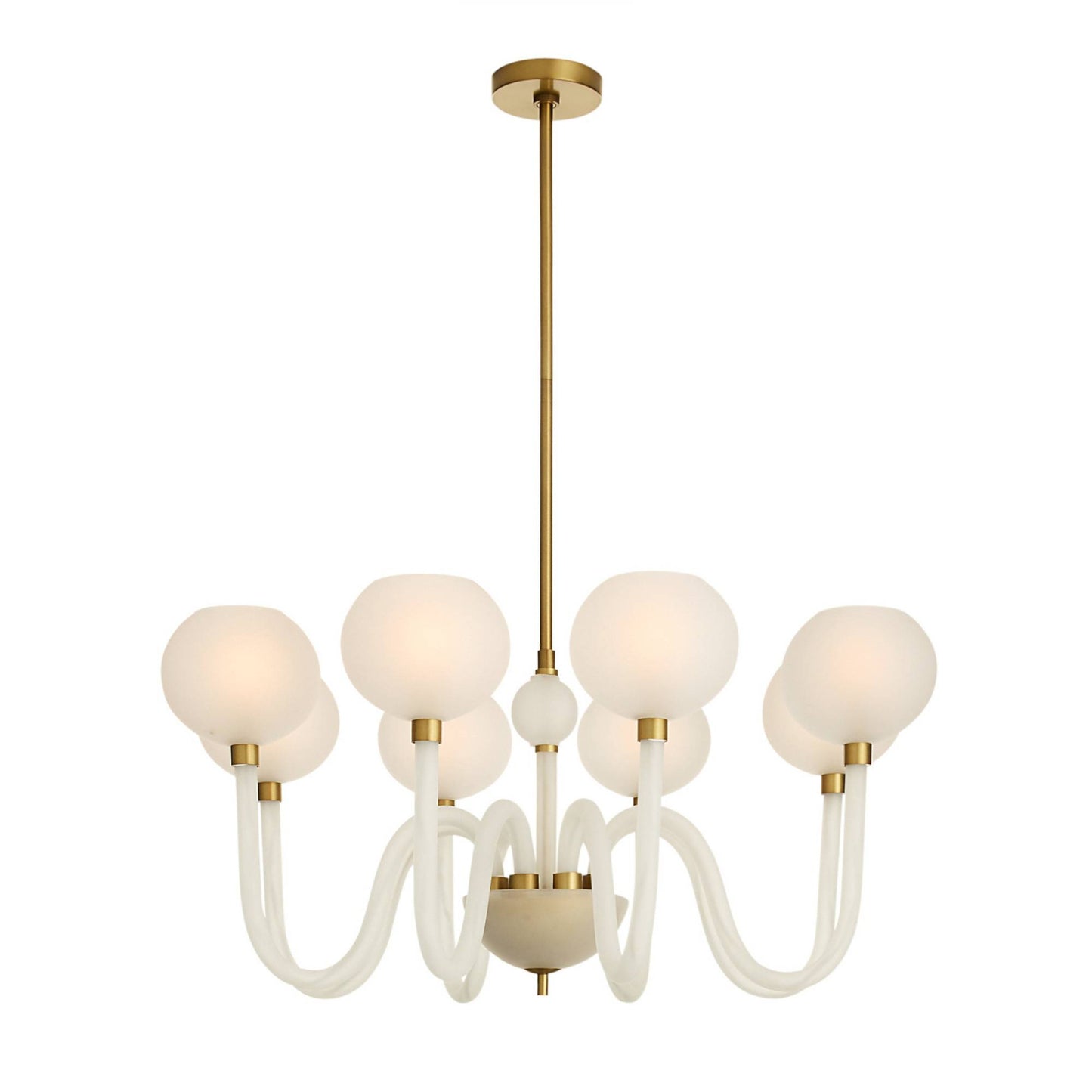 Chandelier with white glass shades and gold accents on a white background