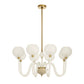 Chandelier with white glass shades and gold accents on a white background