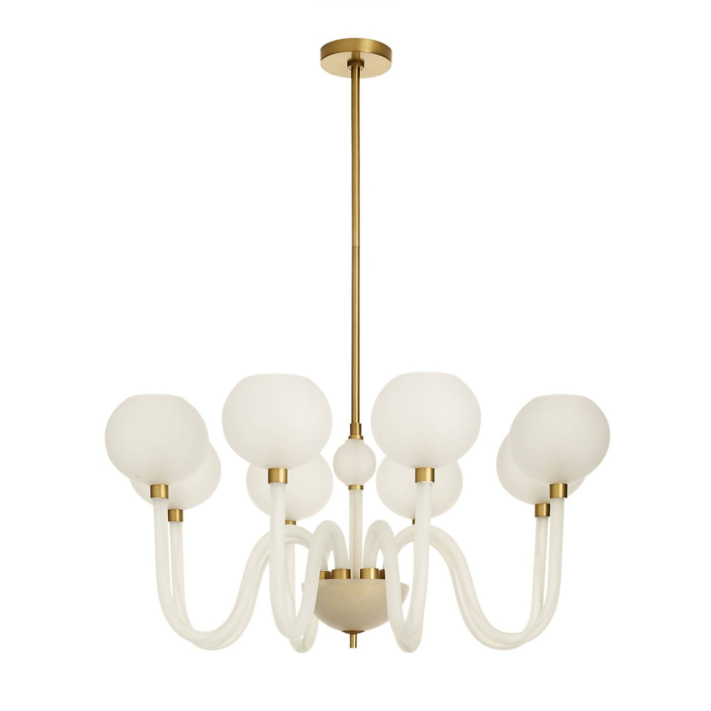 Chandelier with white glass shades and gold accents on a white background