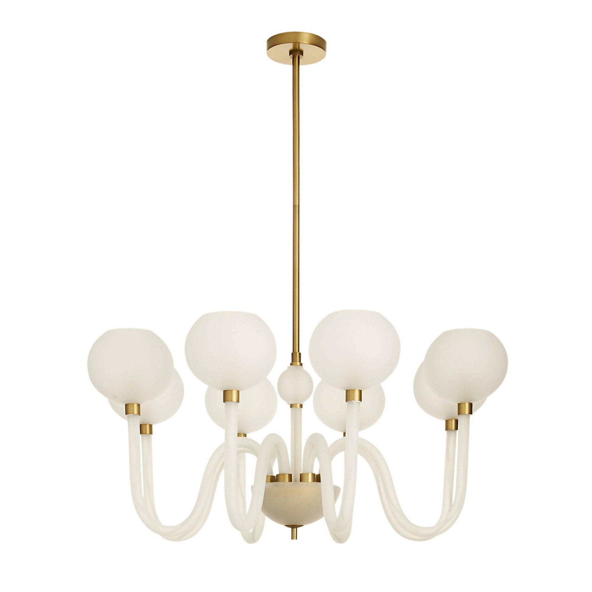 Chandelier with white glass shades and gold accents on a white background