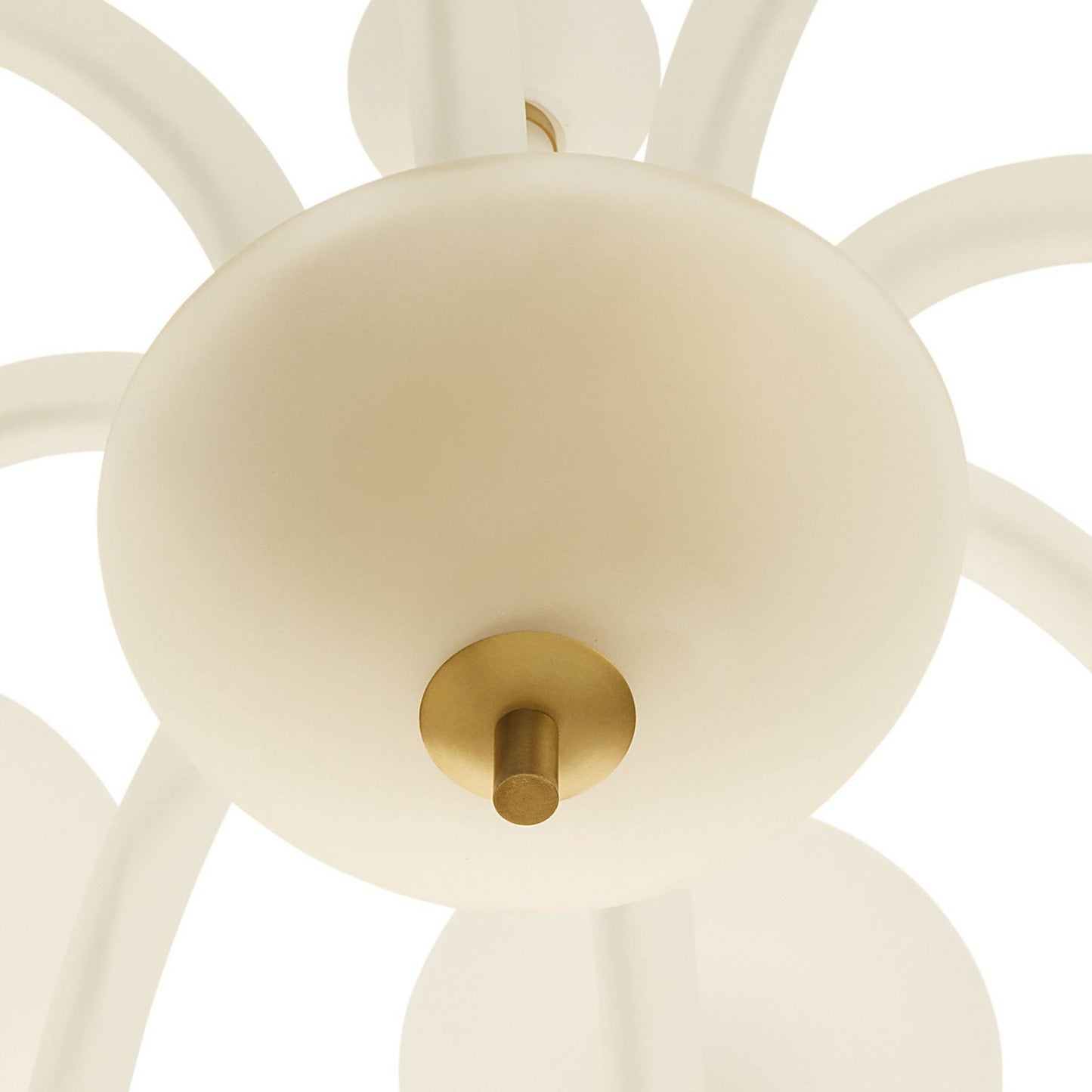 Close-up of a modern ceiling light fixture with white spherical shades and gold accents.